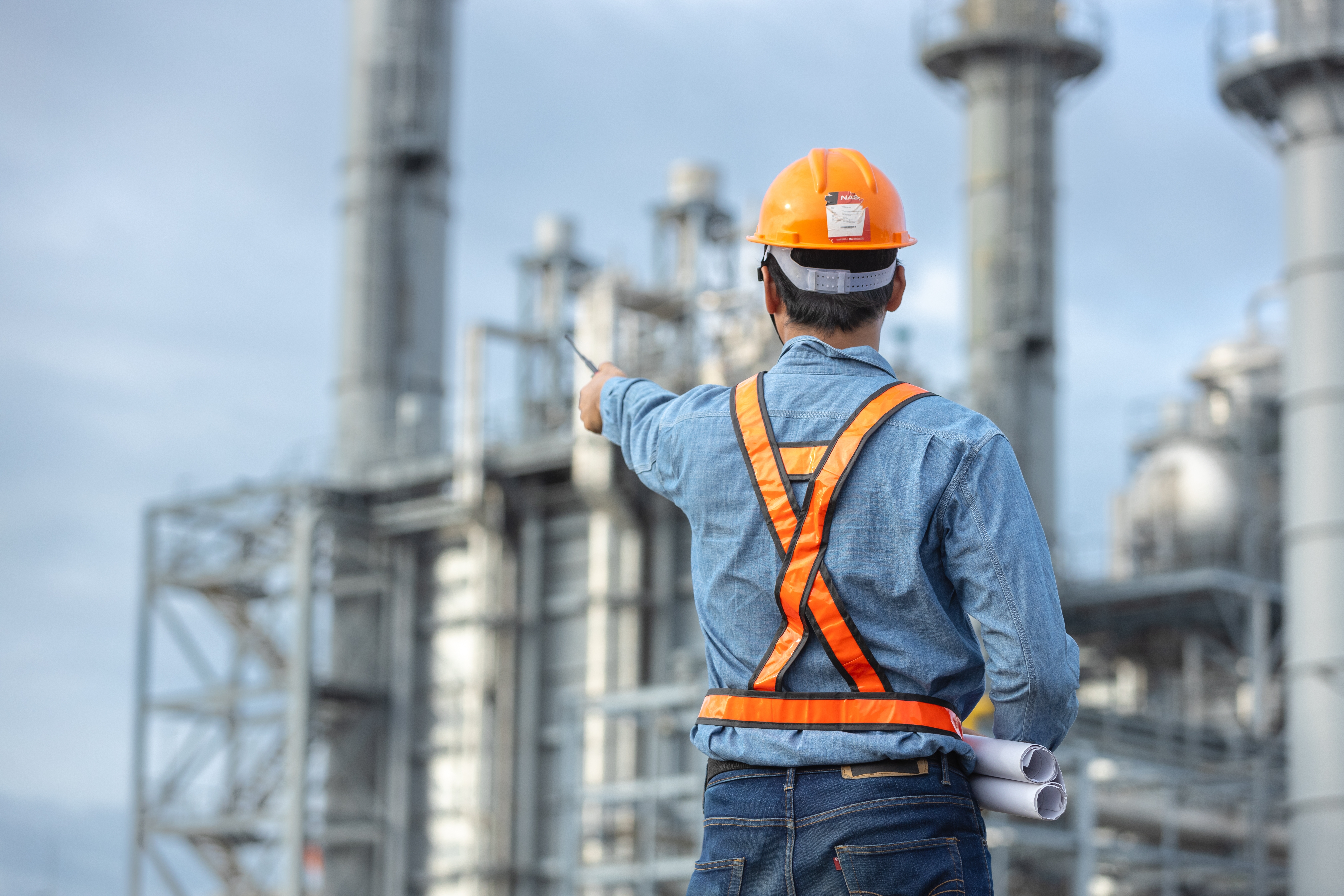 Asian,Worker,Power,Plant,Factory,Holding,Blueprint,Pointing,Check,Construction